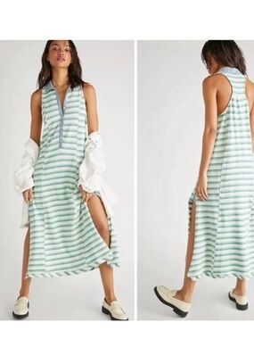 Free people Striped Sleeveless Polo Maxi Dress in Green and White